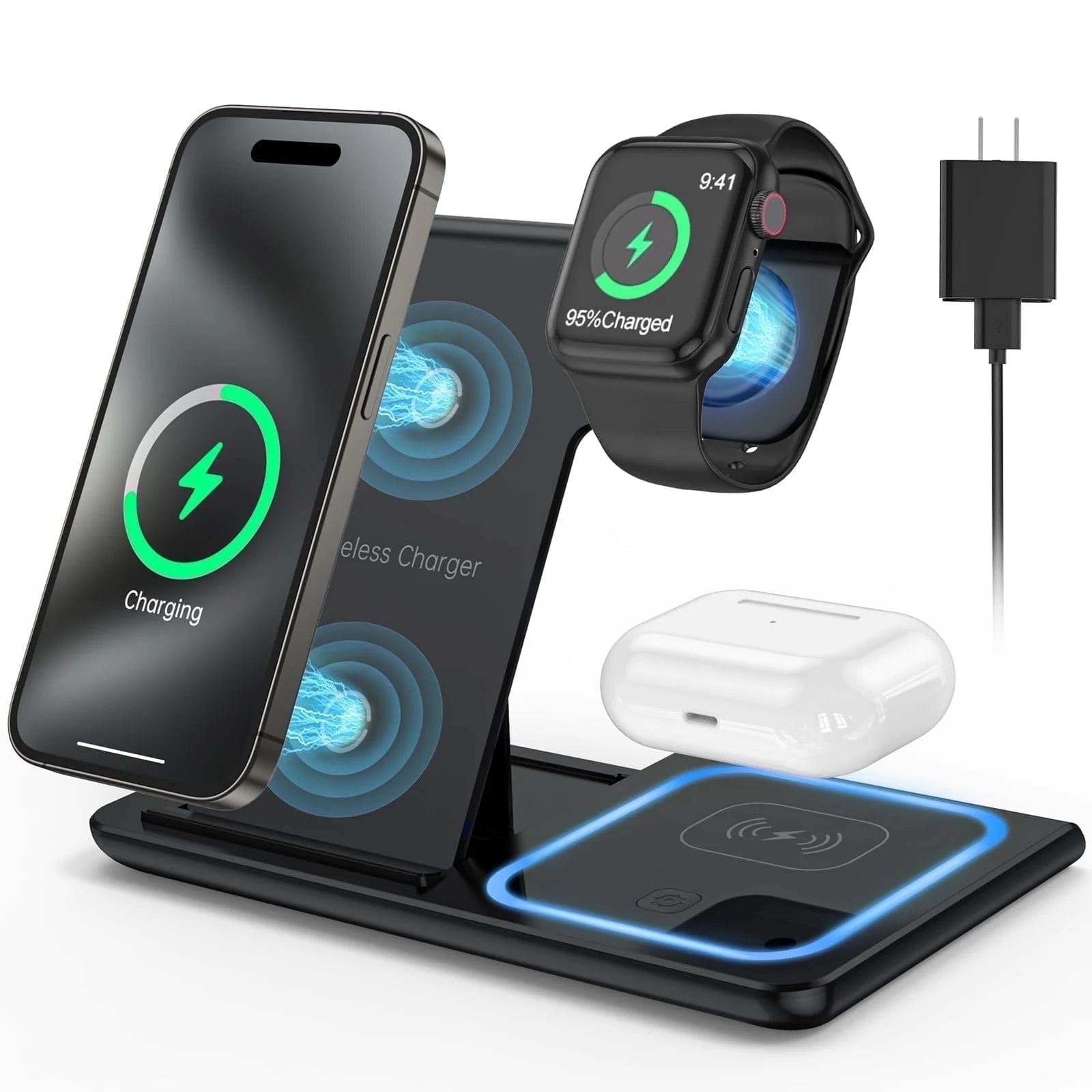 Wireless Charging Station, 3 in 1 Wireless Charger for Iphone 16/15/14/13/12/11/Pro/Pro Max/Xs, Sumsung Galaxy S26 S25 S23, 18W Charging Dock for Iwatch 10/9/8/7/6/5/4/3, Airpods 4/3/2/Pro(Purple)